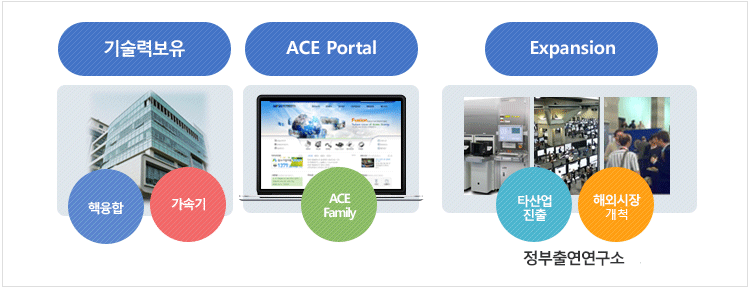 기술력보유(핵융합, 가속기), ACE Portal(ACE Family), Expanslon(타산업진출, 해외시장개척, 정부출연연구소)